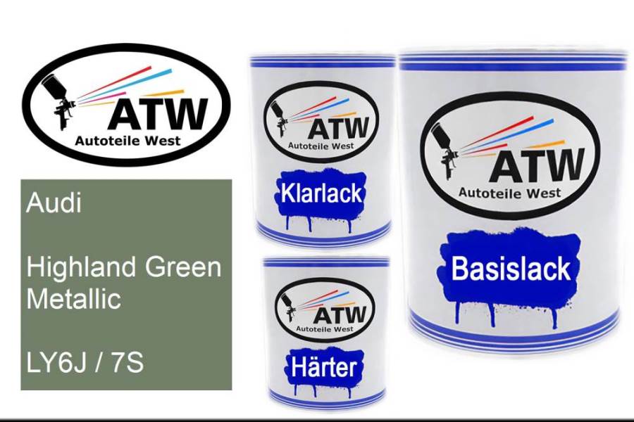 Audi, Highland Green Metallic, LY6J / 7S: 1L Lackdose + 1L Klarlack + 500ml Härter - Set, von ATW Autoteile West.